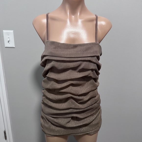 Express Brown Accordion Shimmer Glitter Tank Top Medium Ruffle Tinsel - Picture 1 of 4